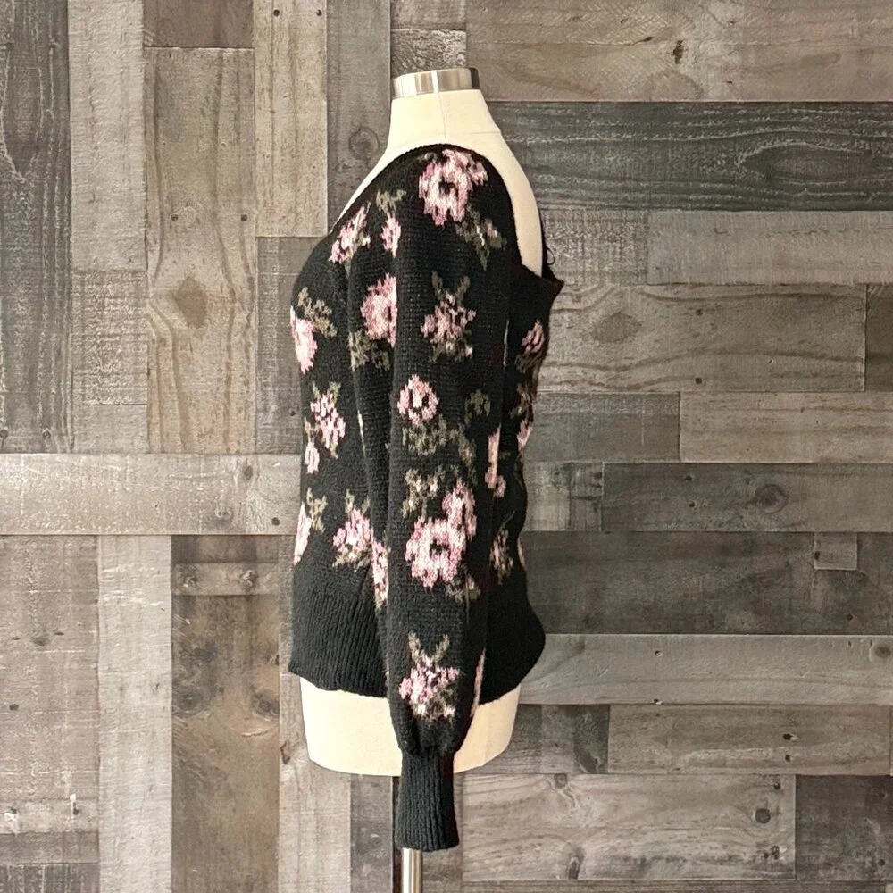 Anthropologie black bishop sleeve sweater medium rose floral dark feminine